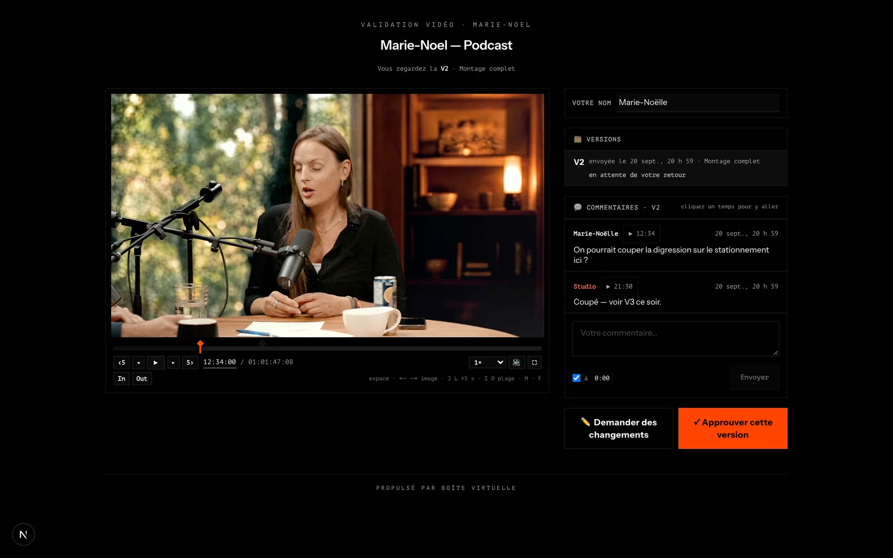 La page d'approbation : lecteur avec timecode, versions et commentaires