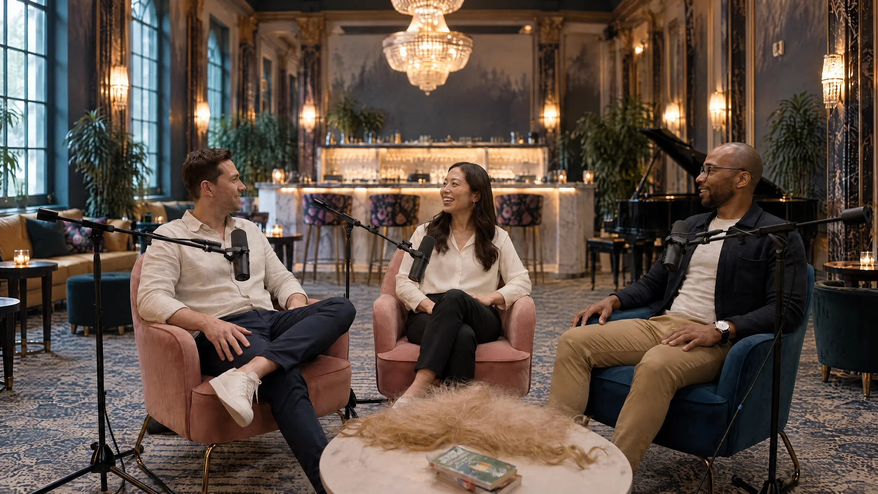 Le même décor avec les invités du podcast incrustés