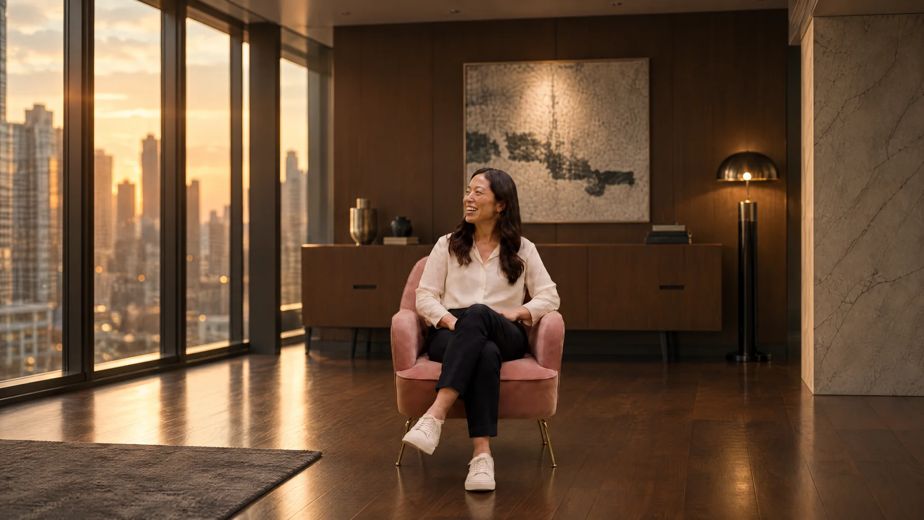 Image d'une entrevue au studio : la personne en fauteuil, le décor incrusté en direct